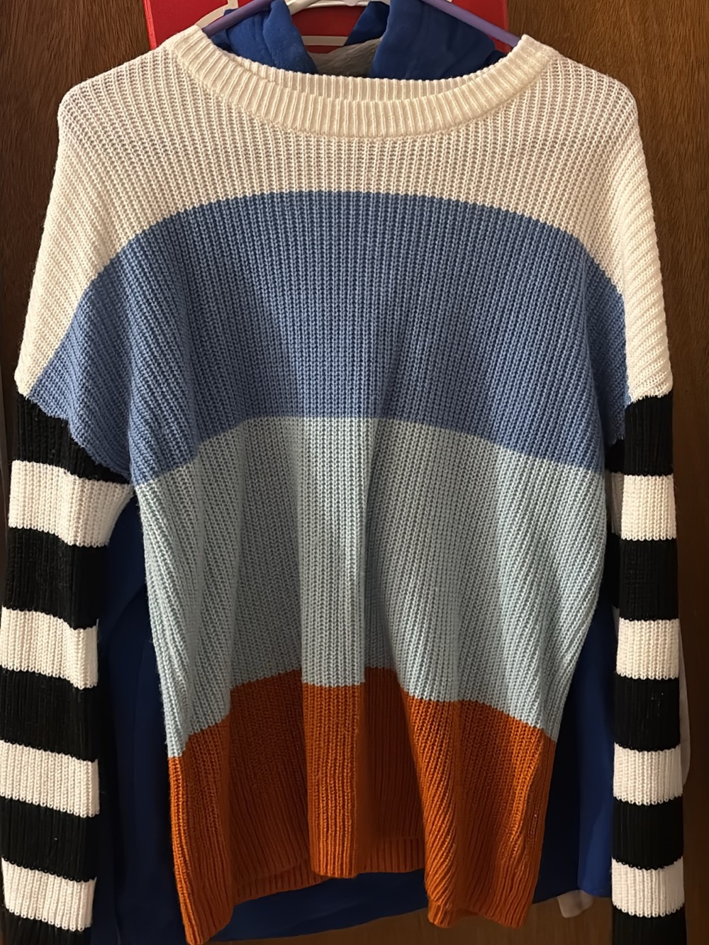 Colorblock Crewneck Sweater - White, Light Blue, Blue & Rust